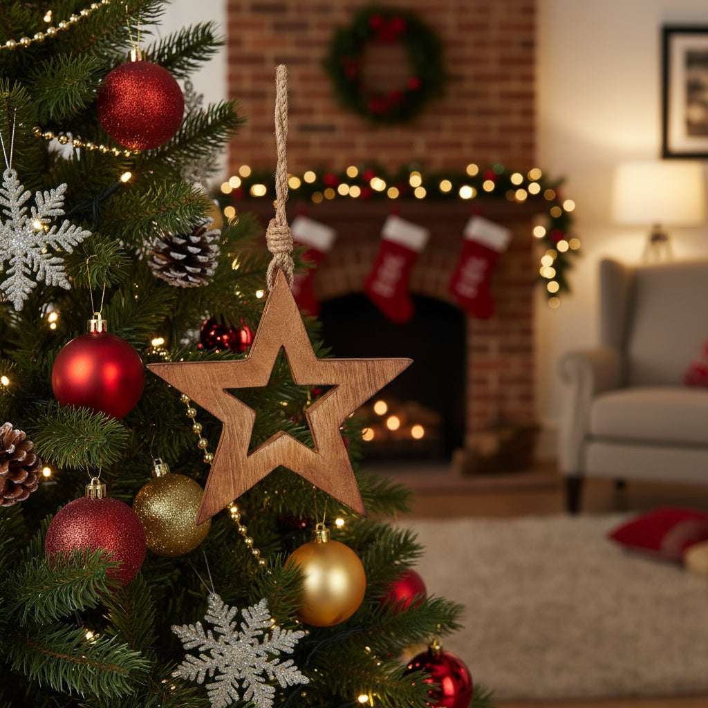 White Wash Collection Wooden Hanging Star Decoration BROWN WOOD Shades 4 Seasons