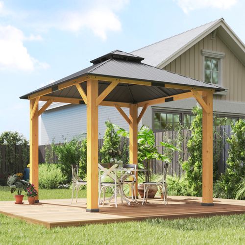 Outsunny Hardtop Gazebo with Wooden Frame, Weatherproof Outsunny