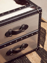 Orsina Hemp Rug featuring a stylish pattern beneath a metal and leather storage chest