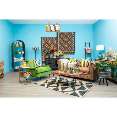 Stylish room featuring a Hemp Rug on the floor, surrounded by vibrant furniture and decor