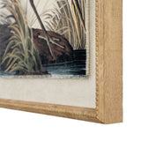 Close-up of Heron On Linen Artwork framed in natural wood, showcasing detailed nature illustration