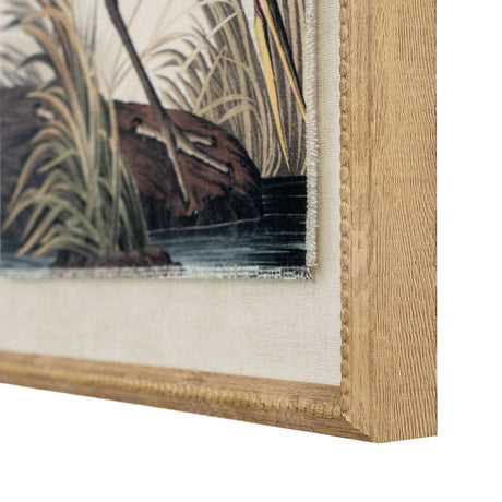 Close-up of Heron On Linen Artwork framed in natural wood, showcasing detailed nature illustration