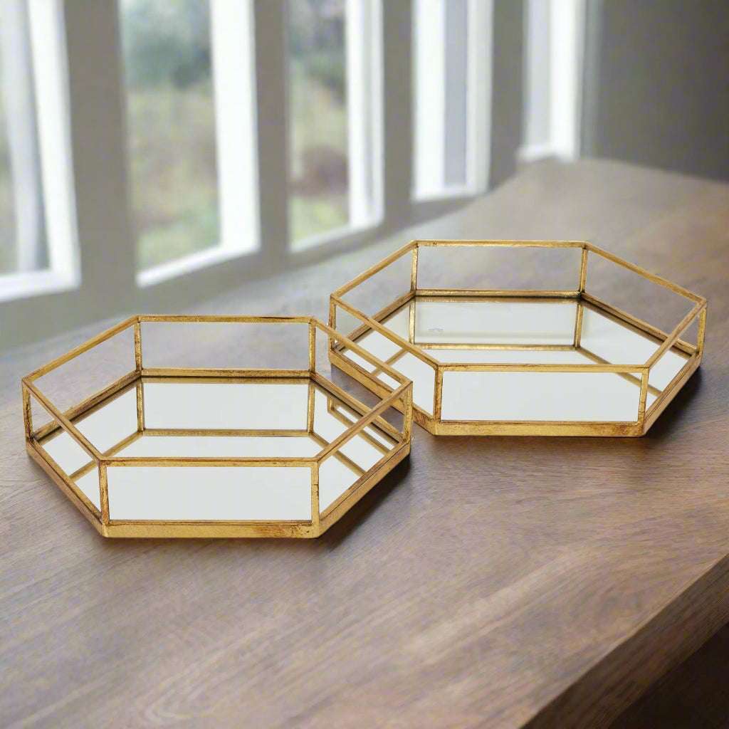 Shades 4 Seasons Gold Hexagon Trays with Mirror Base GOLD GLASS Shades 4 Seasons