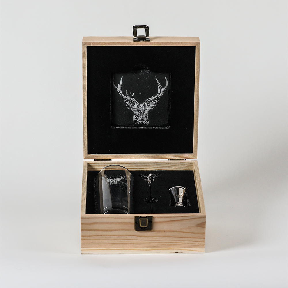 Selbrae House Highball Drinks Set in a wooden box with stag design glass and jigger