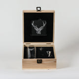 Selbrae House Highball Drinks Set in a wooden box with stag design glass and jigger