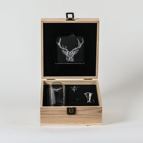 Selbrae House Highball Drinks Set in a wooden box with stag design glass and jigger