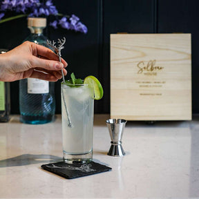 Selbrae House Highball Drinks Set with cocktail ingredients and mixing tools on a stylish countertop