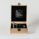 Selbrae House Highball Drinks Set in a wooden box featuring etched bee design and accessories