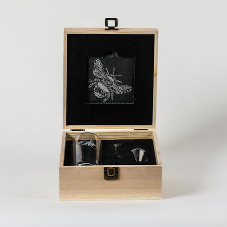 Selbrae House Highball Drinks Set in a wooden box featuring etched bee design and accessories