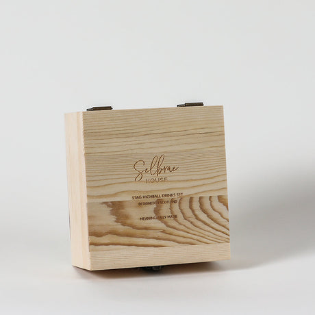 Selbrae House Highball Drinks Set presented in a rustic wooden box with engraved details