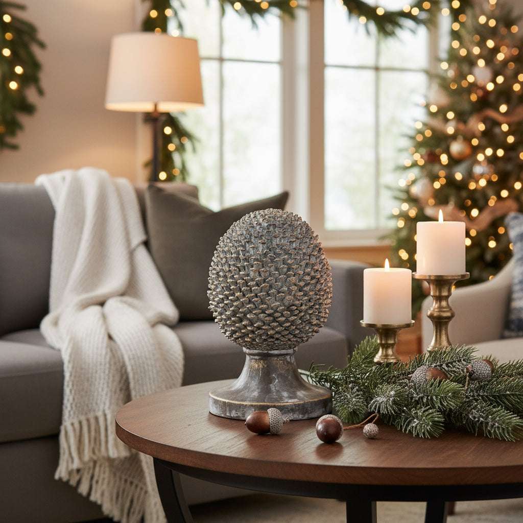 Large Stone Effect Pinecone Ornament With Gold Accents GREY CERAMIC Shades 4 Seasons