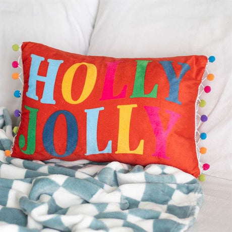 Red Holly Jolly Cushion with Pom Poms N/A