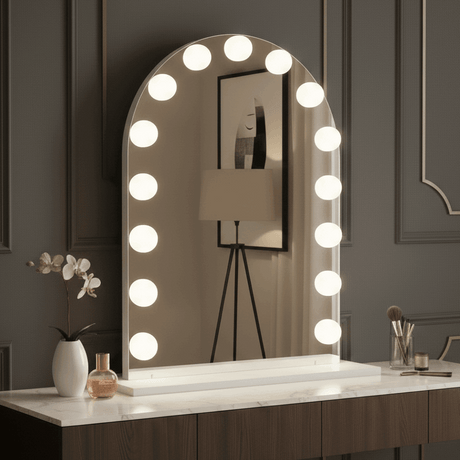 Arched Hollywood Mirror with Warm LED Bulbs for Elegant Makeup and Vanity Spaces