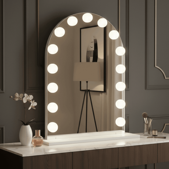 Arched Hollywood Mirror with Warm LED Bulbs for Elegant Makeup and Vanity Spaces