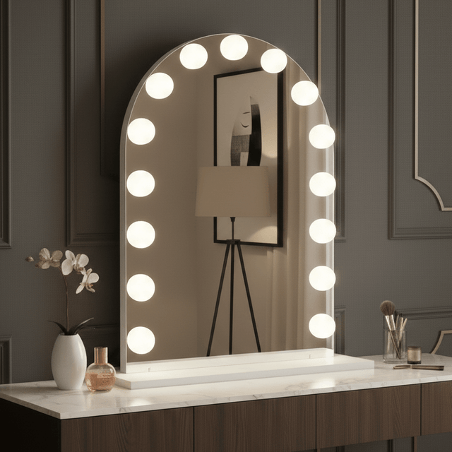 Arched Hollywood Mirror with Warm LED Bulbs for Elegant Makeup and Vanity Spaces