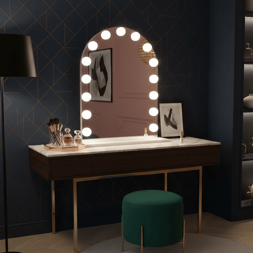 Elegant Hollywood Mirror with Glamorous LED Bulbs above a Stylish Vanity Table
