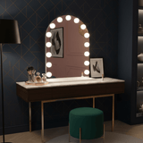 Elegant Hollywood Mirror with Glamorous LED Bulbs above a Stylish Vanity Table