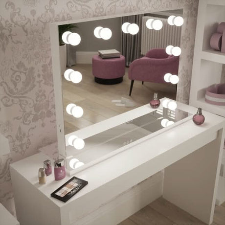 Hollywood Mirror with Bright LED Lights and Stylish White Vanity for Perfect Make-up Application