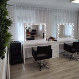 Spacious vanity area featuring two Hollywood Mirrors with bright LED bulbs for perfect lighting