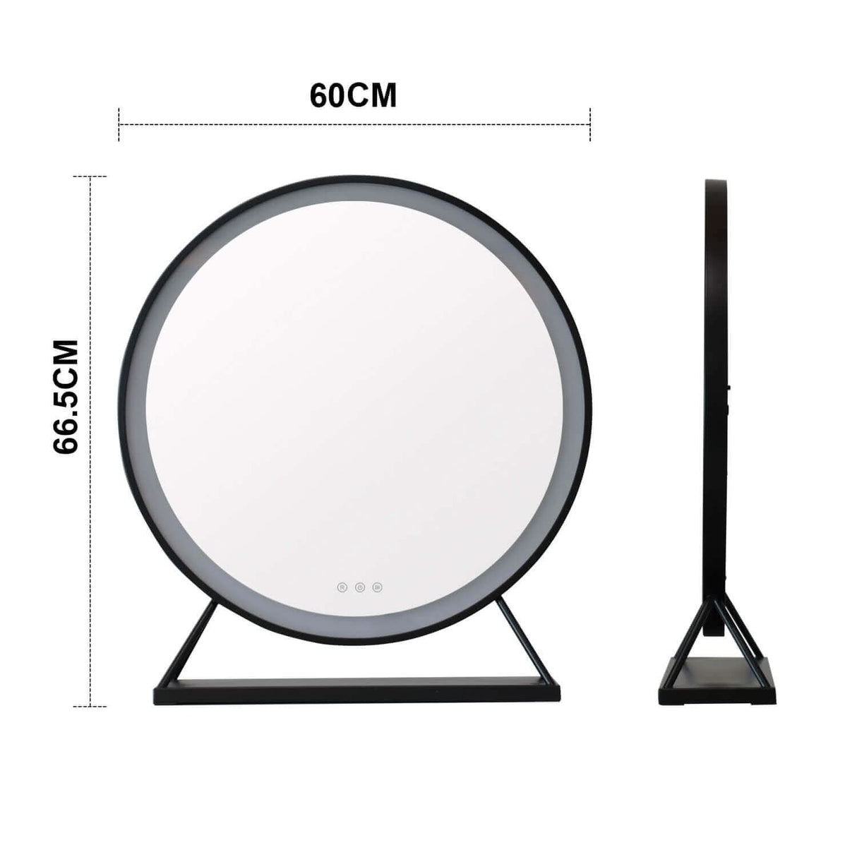 Hollywood Mirror with a sleek round design, measuring 60cm in diameter and 66.5cm in height