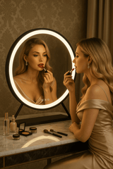 Elegant woman applying lipstick in front of a stylish Hollywood Mirror with soft lighting