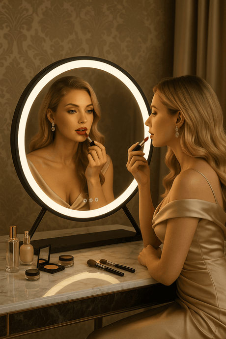 Elegant woman applying lipstick in front of a stylish Hollywood Mirror with soft lighting