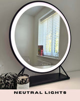 Hollywood Mirror with a round design and adjustable neutral lights for perfect makeup application