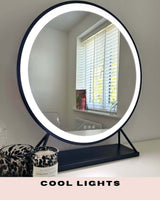 Hollywood Mirror with Cool Lights and Minimalist Stand for Elegant Home Decor