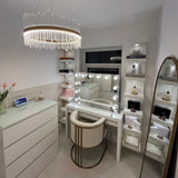 Stylish Hollywood Mirror in a modern vanity setup with soft lighting and elegant decor