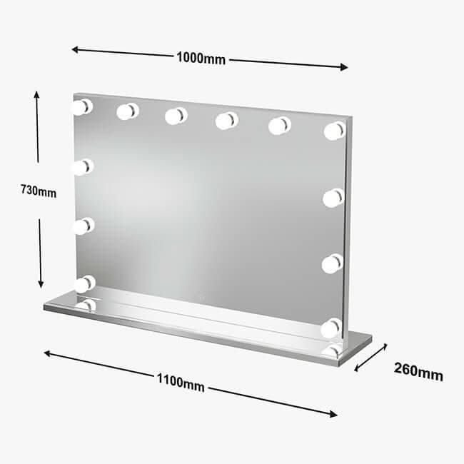 Hollywood Mirror with 12 LED lights, dimensions 1000mm x 730mm, perfect for makeup and styling