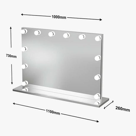 Hollywood Mirror with 12 LED lights, dimensions 1000mm x 730mm, perfect for makeup and styling