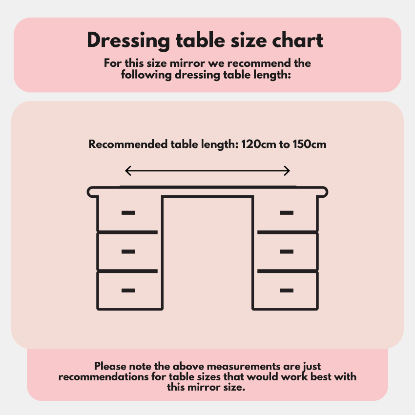 Hollywood Mirror size chart recommending dressing table length of 120 to 150 cm for optimal use