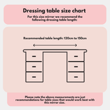 Hollywood Mirror size chart recommending dressing table length of 120 to 150 cm for optimal use