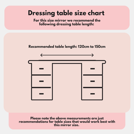 Hollywood Mirror size chart recommending dressing table length of 120 to 150 cm for optimal use