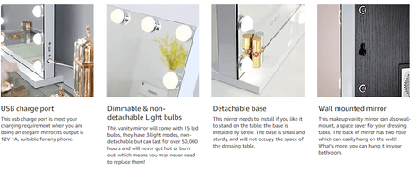 Hollywood Mirror with dimmable lights, detachable base, and USB charge port for a stylish vanity setup