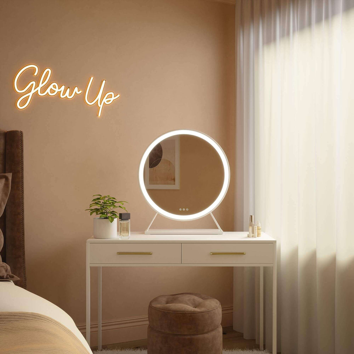 Stylish Hollywood Mirror on a vanity table in a chic room with neon sign glowing up
