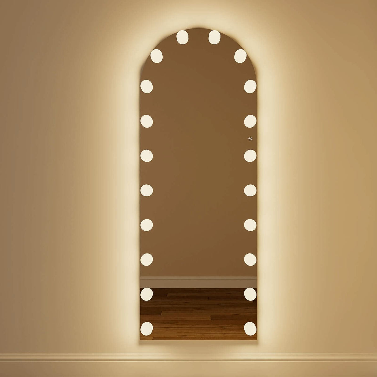 Hollywood Mirror with Bright Bulbs and Arched Top for Glamorous Room Decor