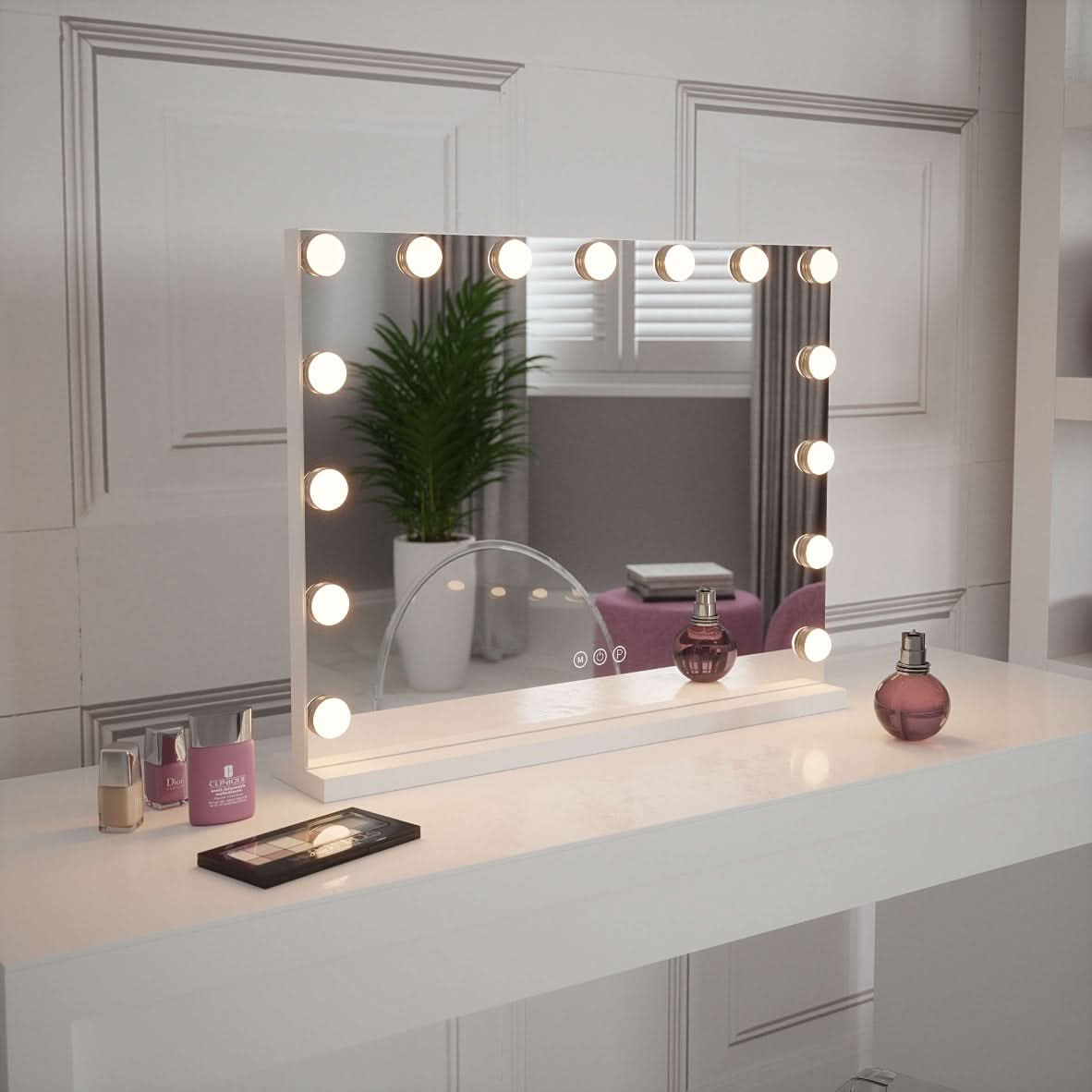 Hollywood Mirror with bright LED bulbs, perfect for makeup application and vanity setups