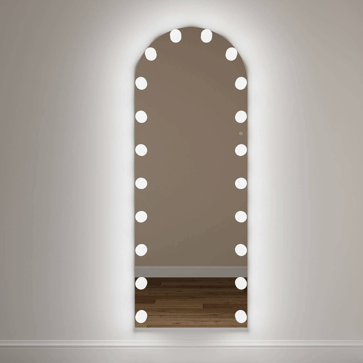 Hollywood Mirror with illuminated bulbs, arched design, perfect for adding glamour to any room