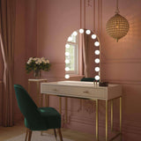 Elegant Hollywood Mirror with Lights Above a Chic White Dressing Table in Stylish Room