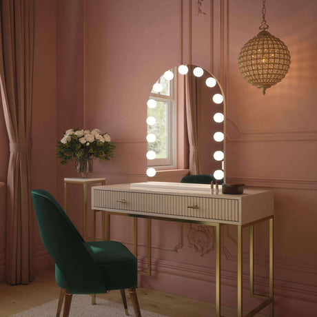 Elegant Hollywood Mirror with Lights Above a Chic White Dressing Table in Stylish Room