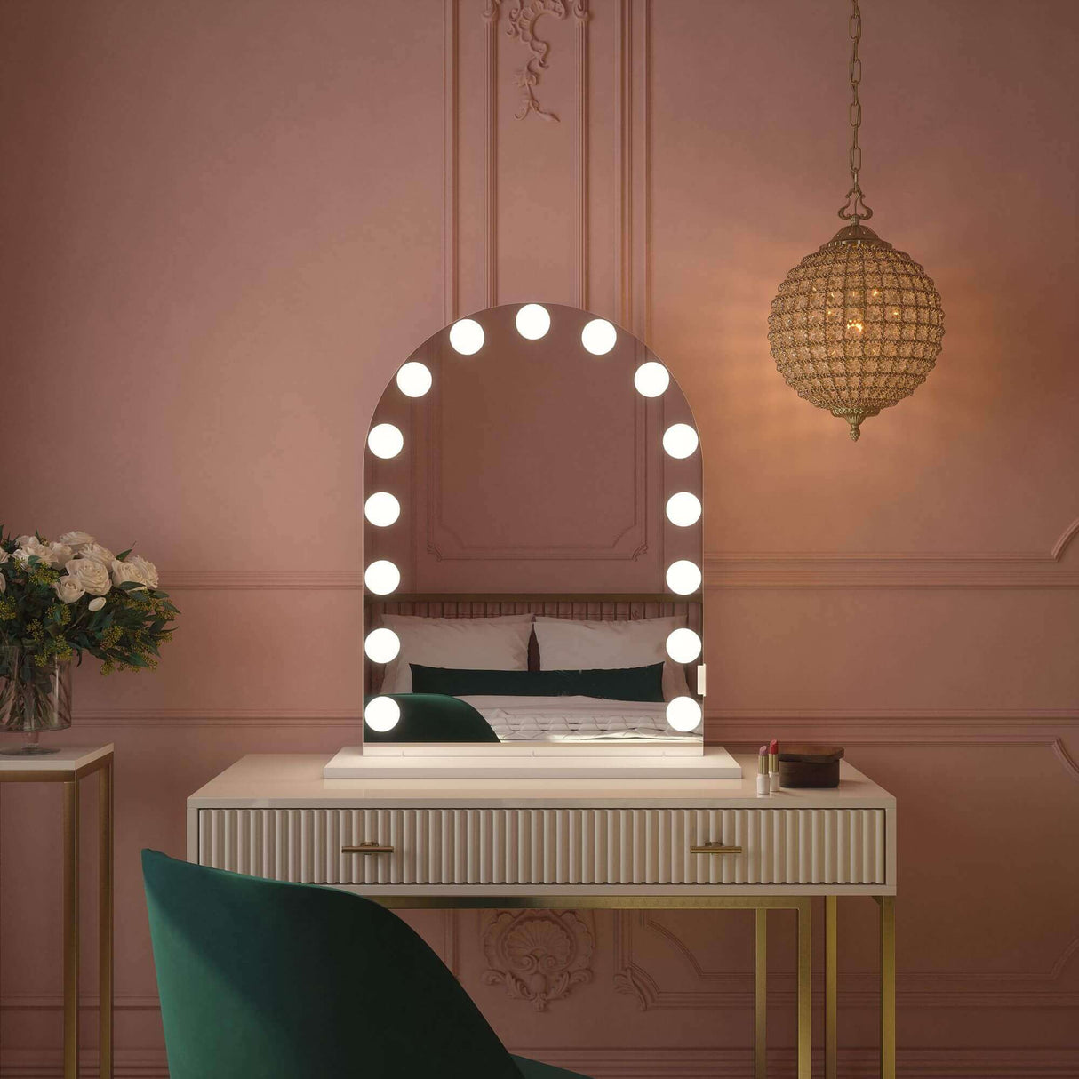 Elegant Hollywood Mirror with Bright Lights, Perfect for Makeup and Dressing Spaces