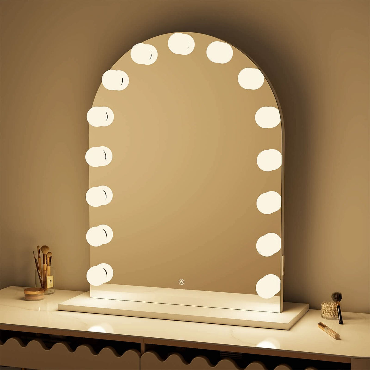 Stylish Hollywood Mirror with LED Lights and Elegant Arched Design for Glamorous Make-Up Application