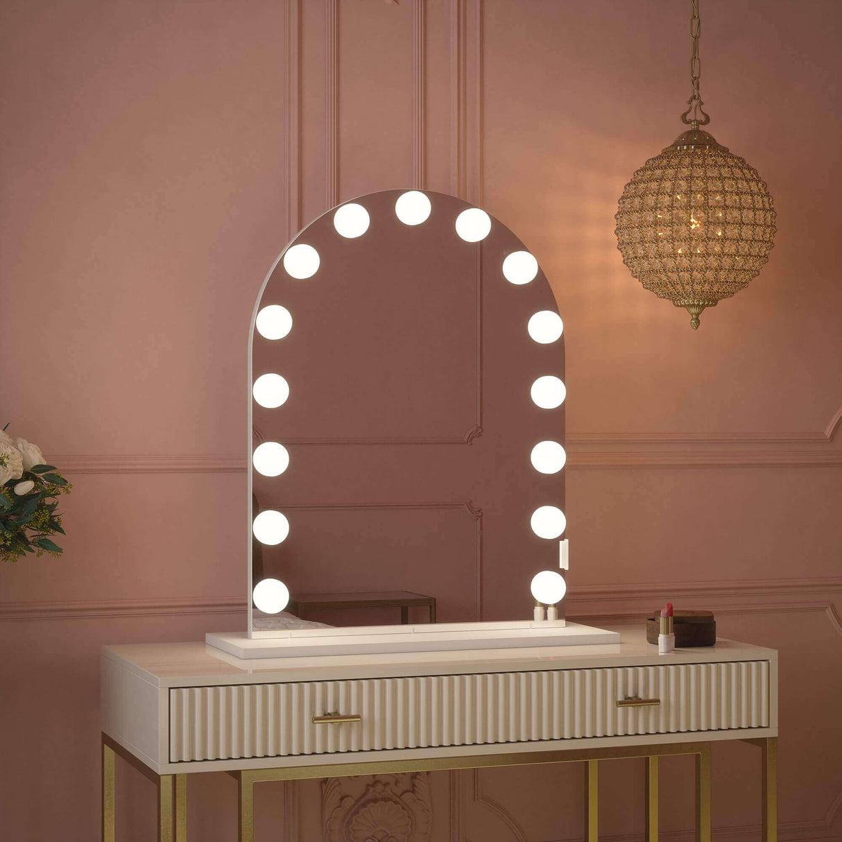 Hollywood Mirror with Bright LED Bulbs and Elegant Arched Design for Glamorous Bedroom Decor