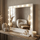 Stylish Hollywood Mirror with Bright LED Lights on a Wooden Vanity Table in a Chic Setting