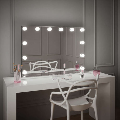 Stylish Hollywood Mirror with Bright Bulbs on Elegant Dressing Table for Glamorous Makeup Application