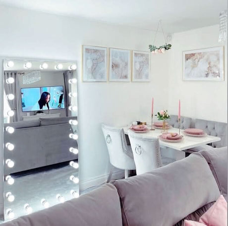 Stylish Hollywood Mirror with LED Bulbs in Contemporary Living Room Setting
