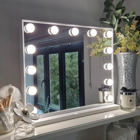 Elegant Hollywood Mirror with bright lights, perfect for makeup and vanity setups