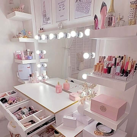 Stylish Hollywood Mirror with Bright LED Lights in a Chic Makeup Vanity Setup