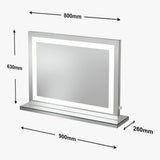 Hollywood Pro Mirror with LED lighting, stylish design, and dimensions of 800mm by 630mm